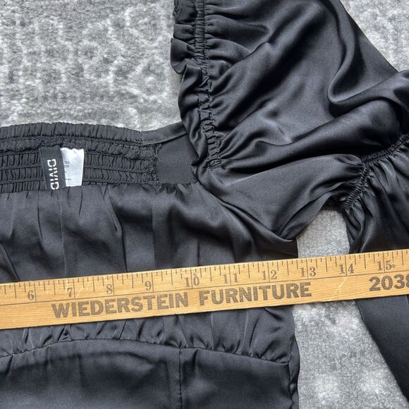 Black Satin Corset Style Cropped Puff Sleeve Top Size XXXS Whimsygoth Fairy - Picture 5 of 8